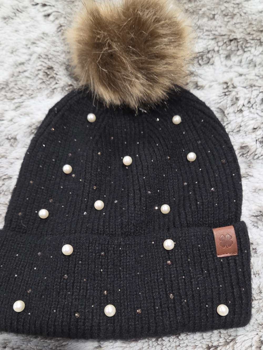 Lucky Brand Black Beanie with Faux-Fur Pom and Pearl Accents